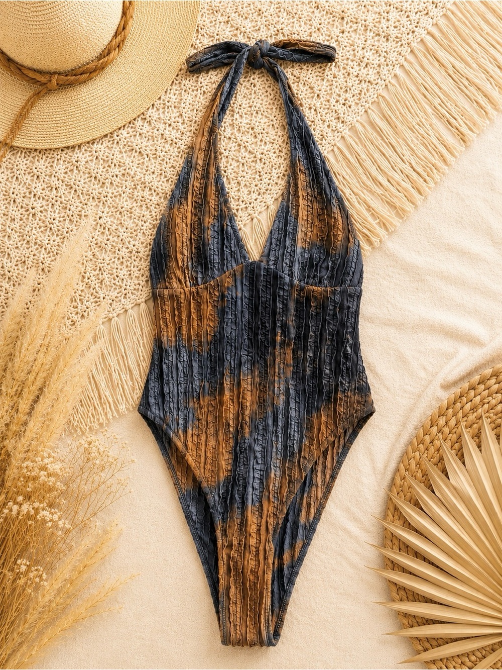 SHEIN Black & Brown Tie-Dye Halter Bodysuit